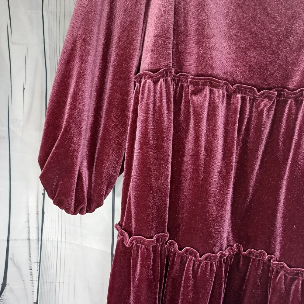 Betsey Johnson V-neck Mini Velvet Long Sleeve Dress in Burgundy - Picture 12 of 13